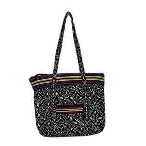 Vera Bradley Barcelona Toggle Tote Bag Black White Floral Quilted Shoulder Bag